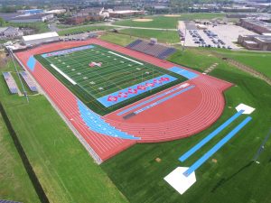 Aerial View of High School Football Field and Running Track