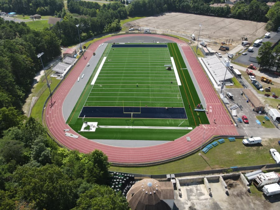 A football field with a running track