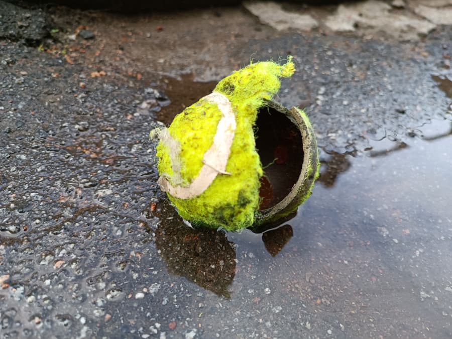 A tennis ball split open on a cracked tennis court